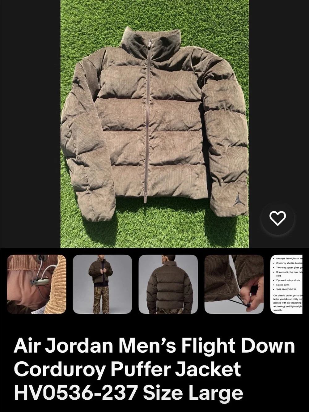 Air Jordan Men’s Flight Down Corduroy Puffer Jacket  HV0536-237 Size S-XXL